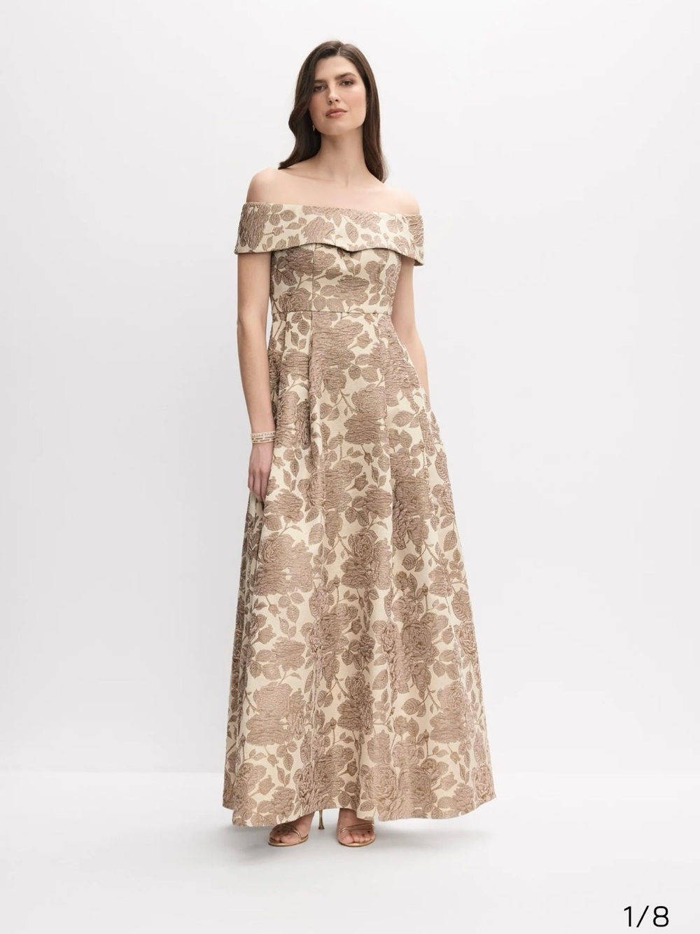 One-Shoulder Floral Jacquard Evening Gown in Taupe Beige